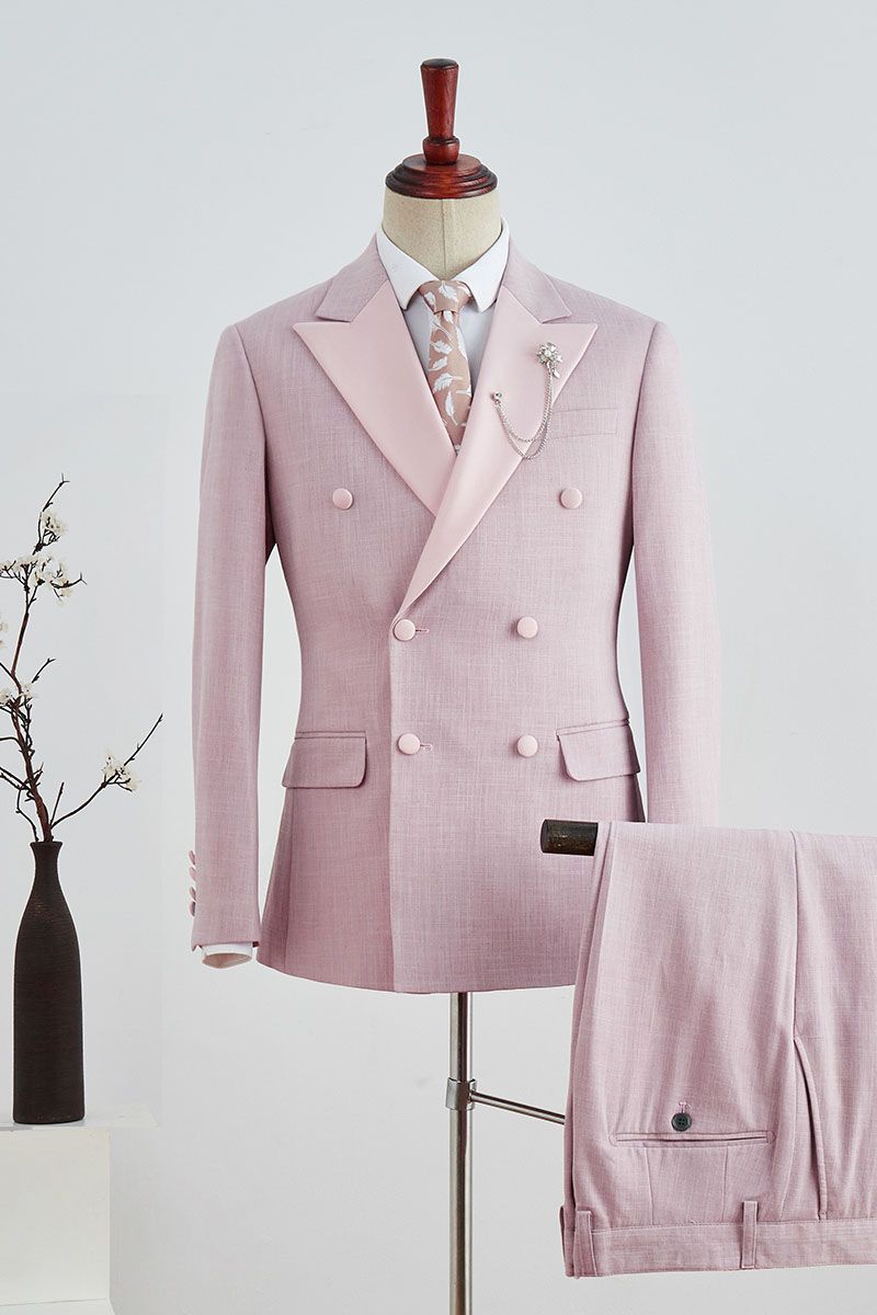 Simple Double Breasted Pink Plaid Peaked Lapel Marriage Suit-Prom Suits-BallBride