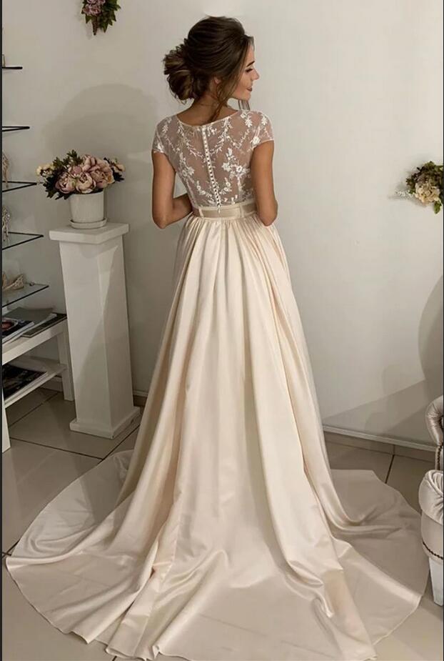 Simple Long A-line Jewel Stretch Satin Lace Wedding Dress-Wedding Dresses-BallBride