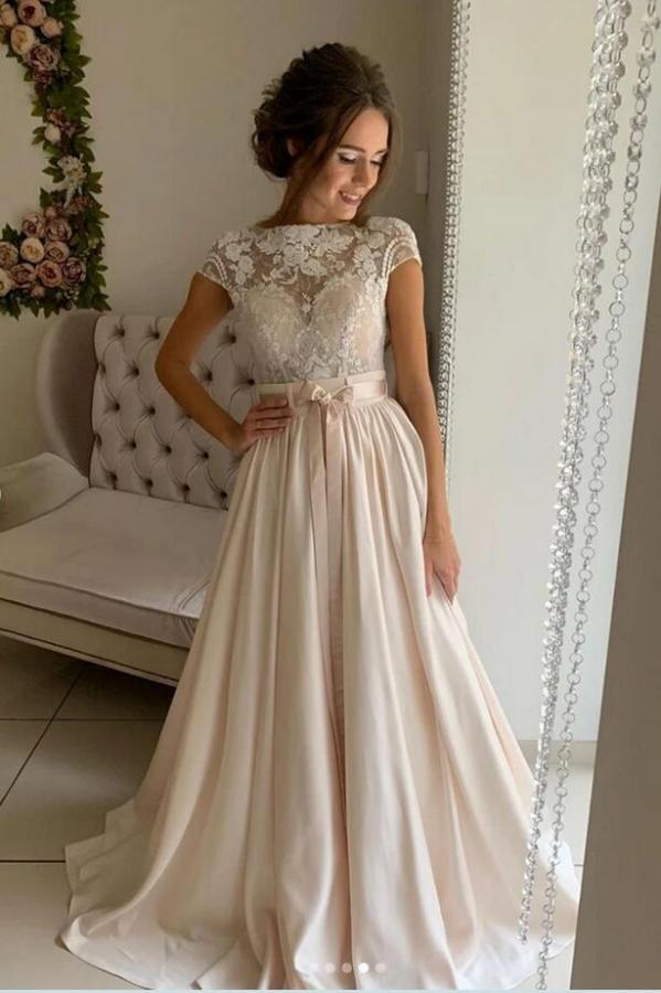 Simple Long A-line Jewel Stretch Satin Lace Wedding Dress-Wedding Dresses-BallBride
