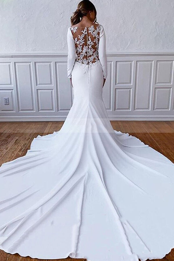 Simple Long Sleeve Illusion Lace Back Sheath Wedding Dress with Appliques-Wedding Dresses-BallBride