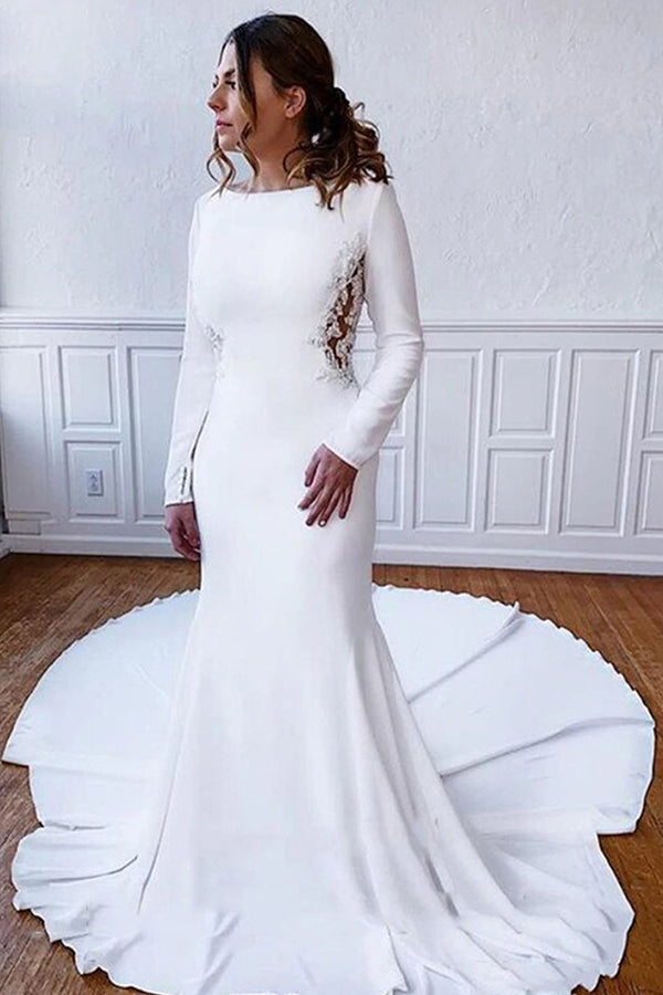 Simple Long Sleeve Illusion Lace Back Sheath Wedding Dress with Appliques-Wedding Dresses-BallBride