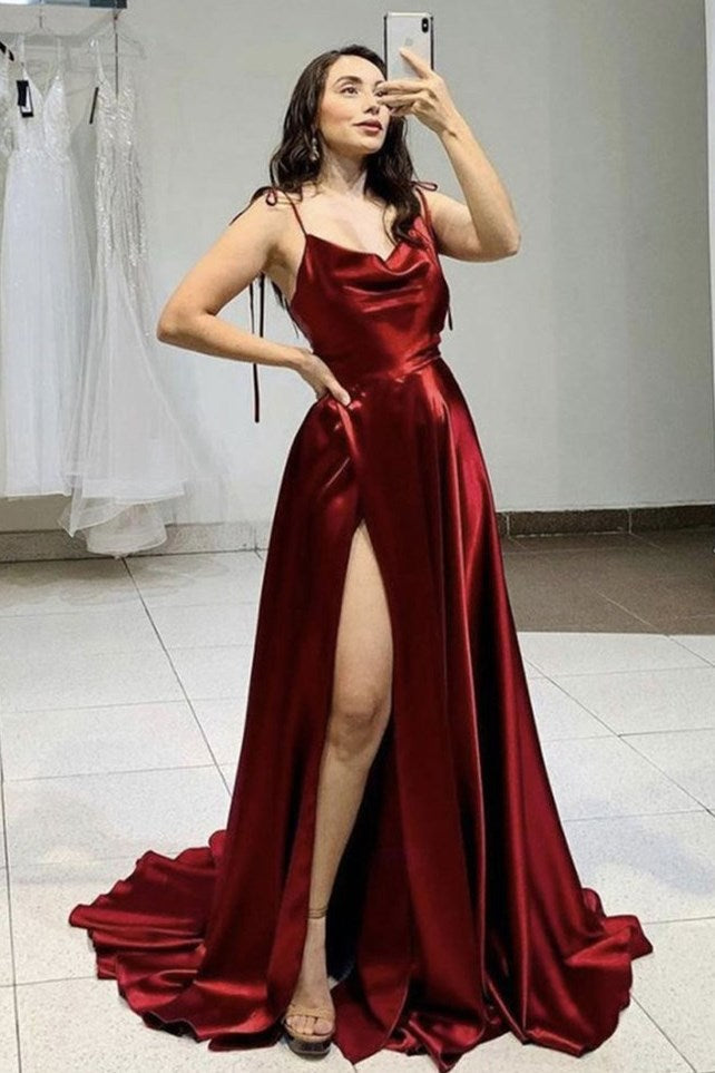 Simple Spaghetti Strap Prom Dress With Split Open Back-BallBride