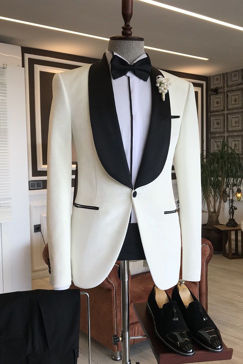 Simple White Lapel Shawl Suit for Grooms by Michael-Wedding Suits-BallBride