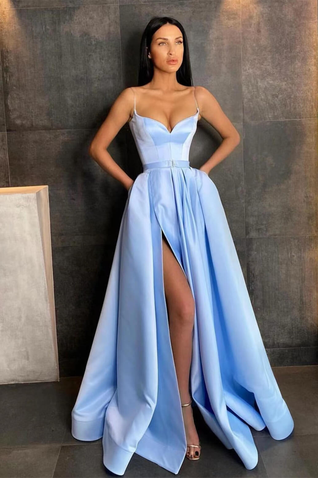 Sky Blue A-Line Prom Dress with Split Spaghetti Straps and Pockets-BallBride