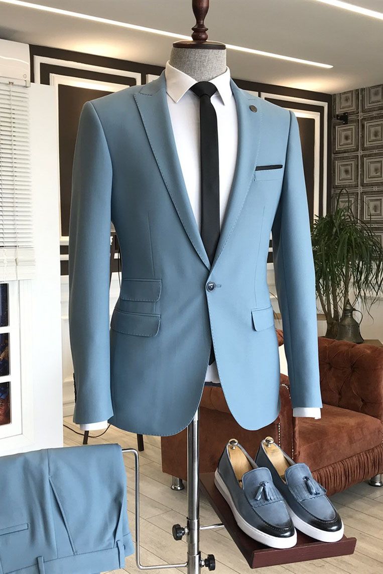 Sky Blue Cheap Wedding Suits with 3 Flaps & Peaked Lapel-Prom Suits-BallBride