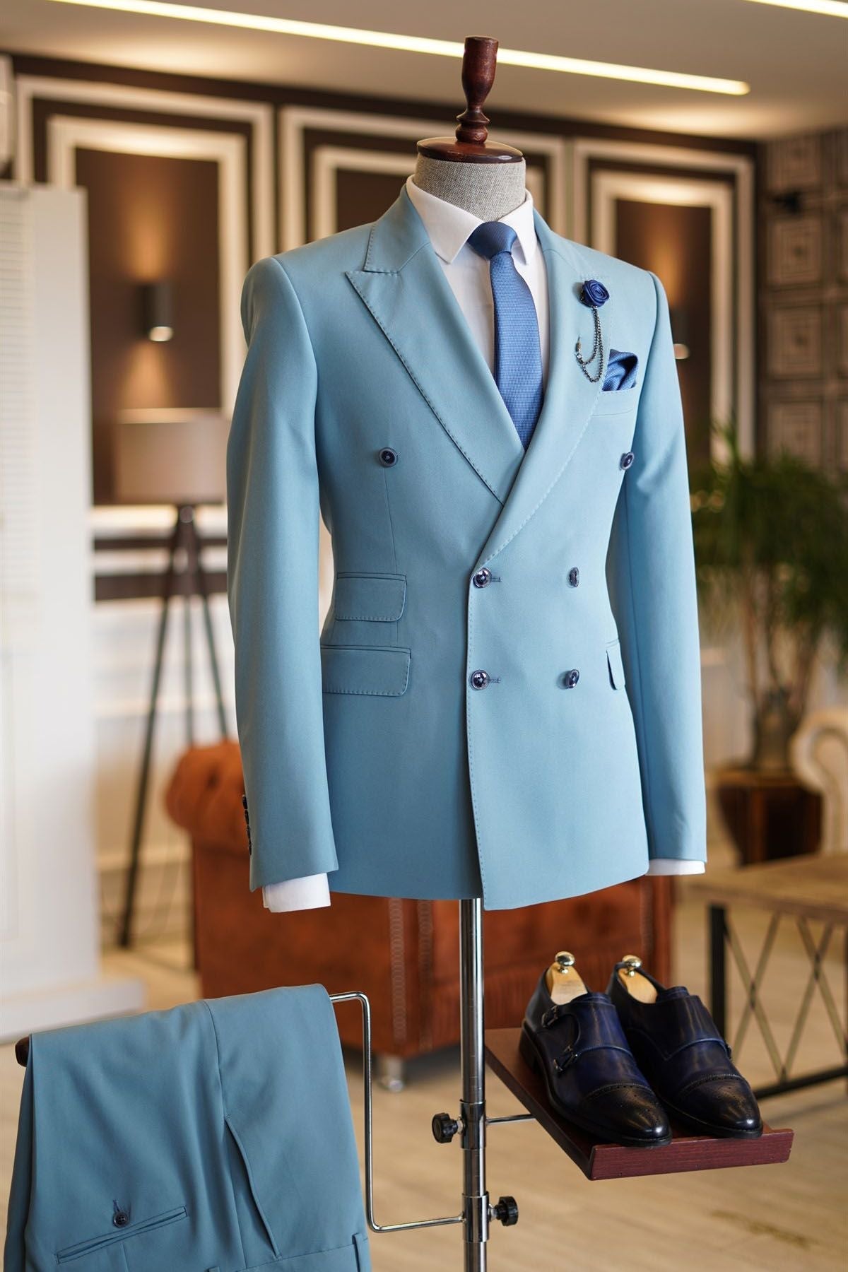 Sky Blue Double Breasted Groom Suit with Peaked Lapel-Prom Suits-BallBride