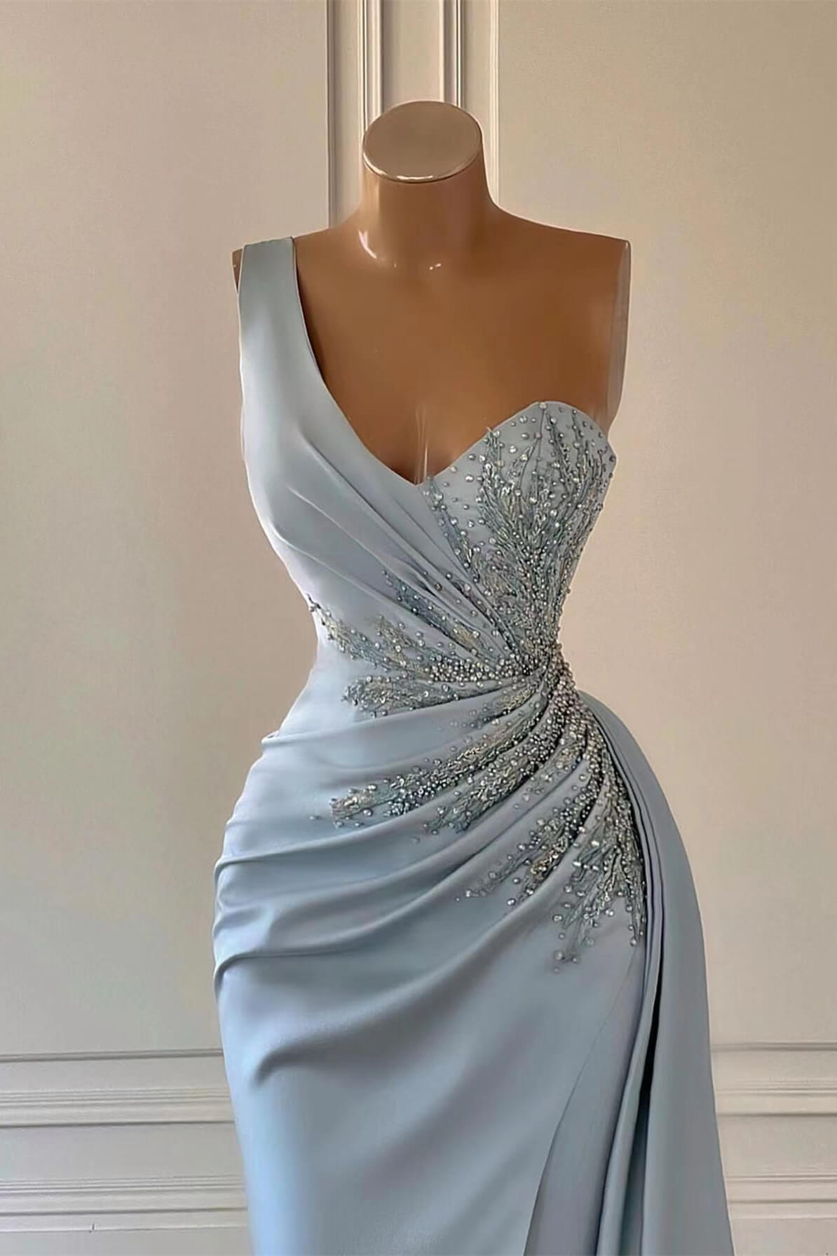 Sky Blue Luxury One-Shoulder Prom Dress with Mermaid Split and Ruffles-BallBride