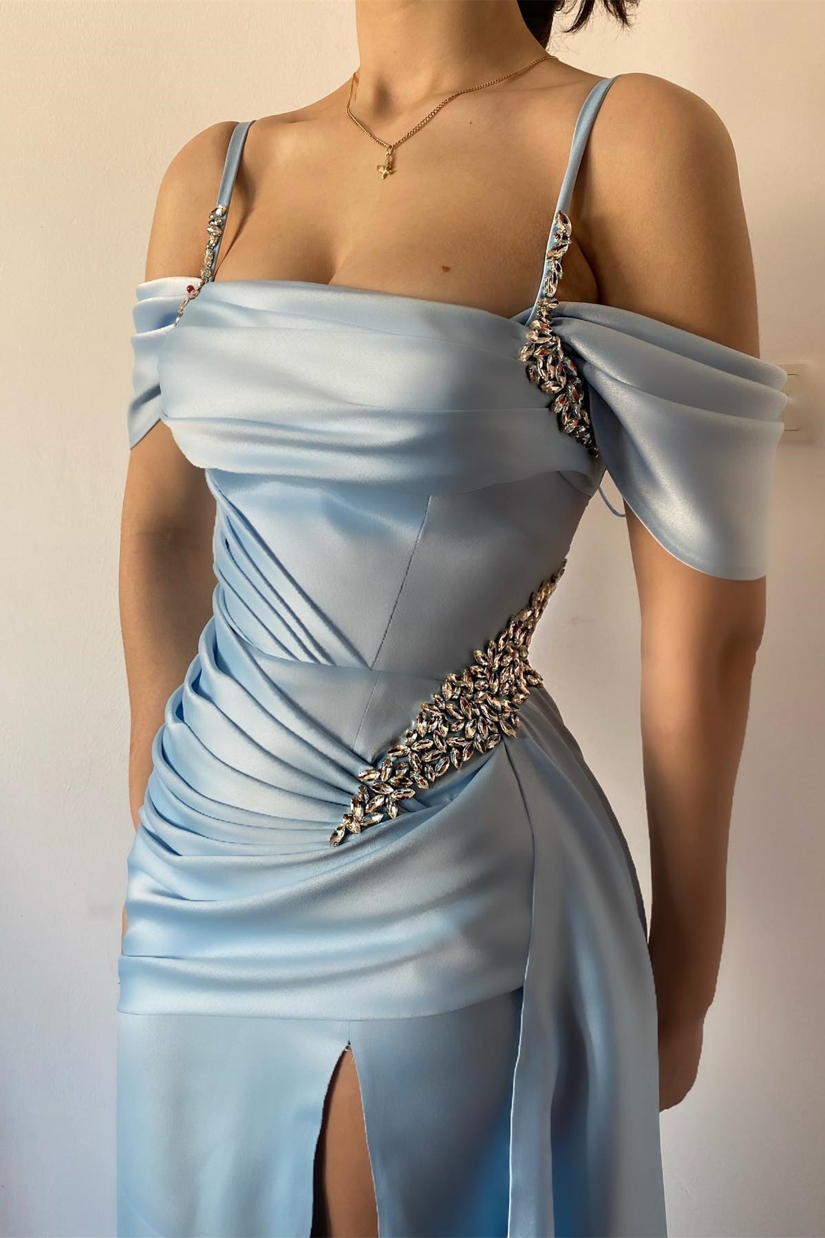Sky Blue Off-The-Shoulder Mermaid Prom Dress with Split and Beaded Detail-Occasion Dress-BallBride