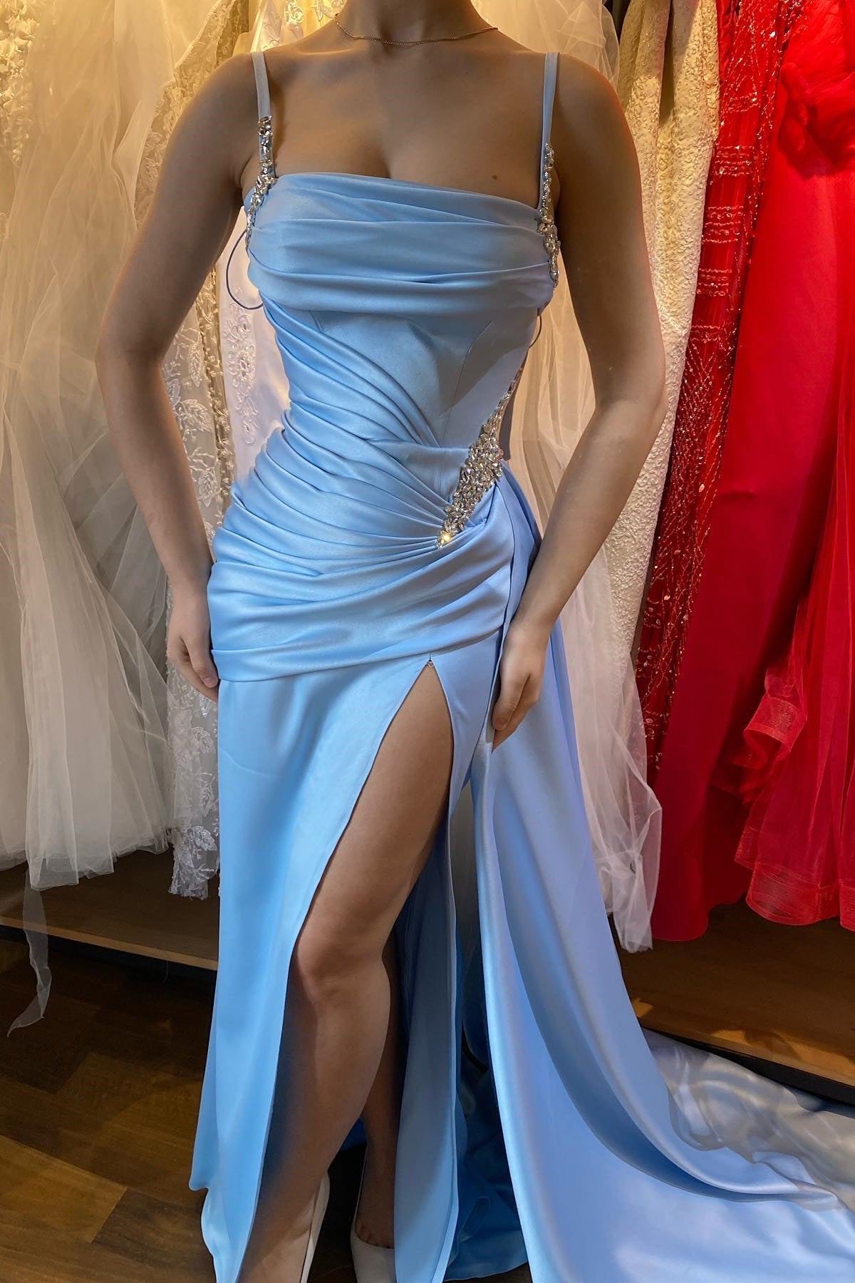 Sky Blue Off-The-Shoulder Mermaid Prom Dress with Split and Beaded Detail-Occasion Dress-BallBride