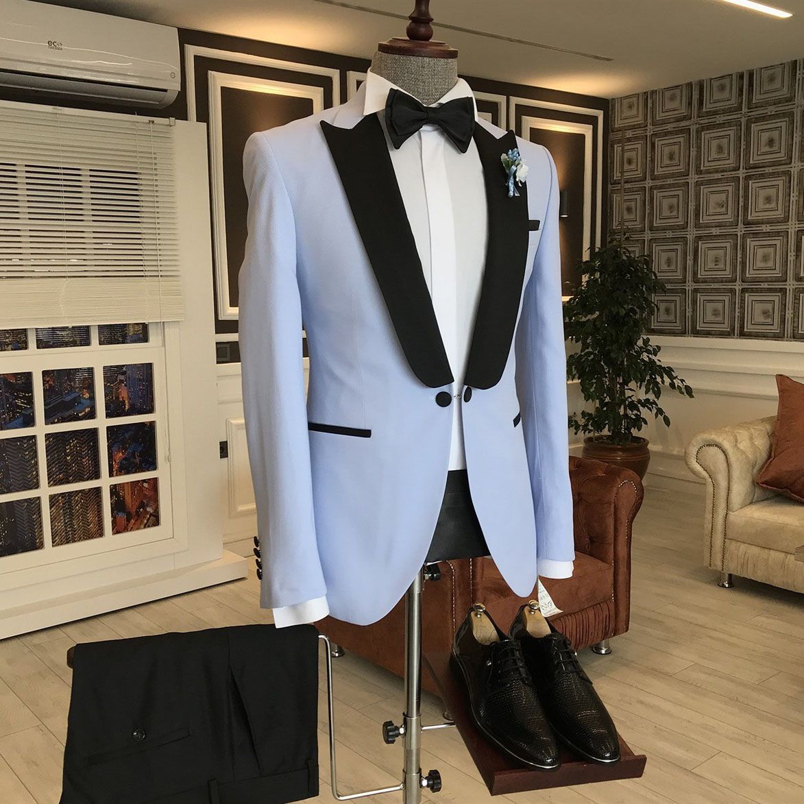 Sky Blue One Button Wedding Suit w/ Black Peaked Lapel-Prom Suits-BallBride