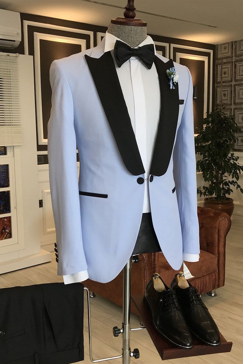 Sky Blue One Button Wedding Suit w/ Black Peaked Lapel-Prom Suits-BallBride