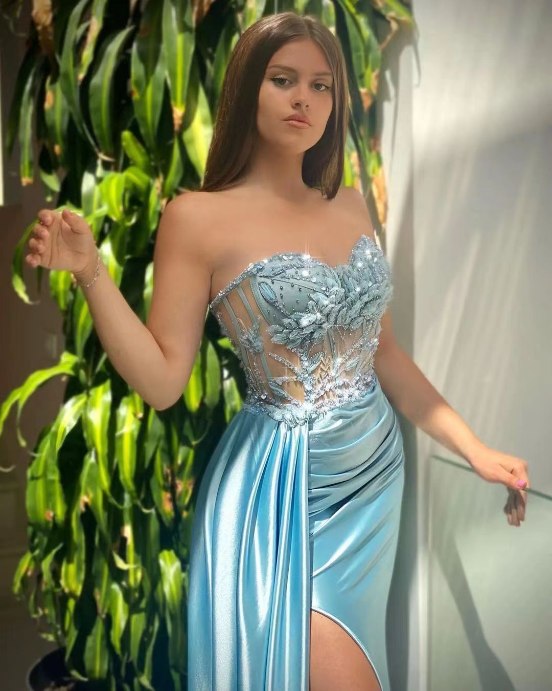 Sky Blue Sweetheart Sleeveless Mermaid Evening Dress with Satin Ruffles and Beaded Split-Evening Dresses-BallBride