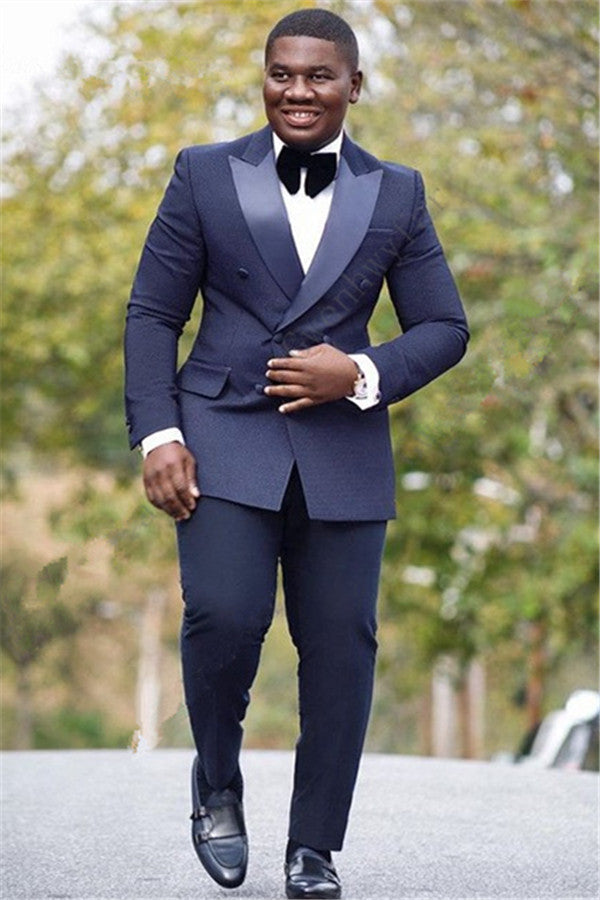 Sleek Silk Lapel Reception Suit Navy Blue Double Slim Fit with Breasted Peak-Prom Suits-BallBride