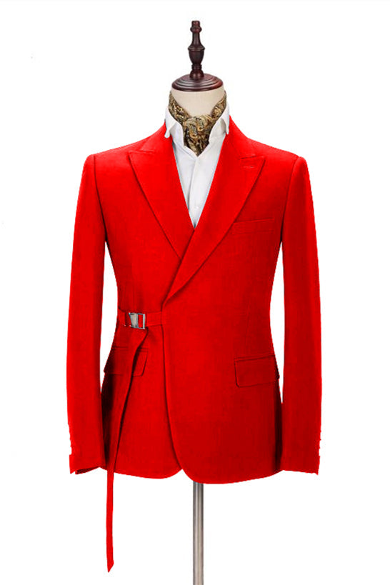 Slim Fit Bright Red Summer Wedding Suit with Peak Lapel & Buckle Button-Prom Suits-BallBride