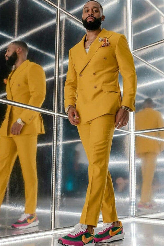 Slim-Fit Yellow Prom Attire for Guys with Double Breasted-Prom Suits-BallBride