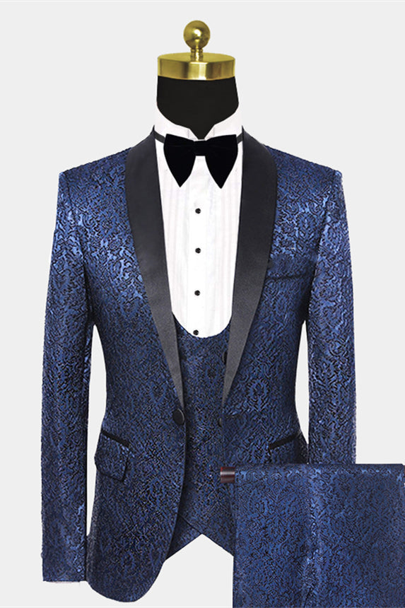 Slim Navy Blue Floral Wedding Prom Suit for Men with Black Satin Lapel-Wedding Suits-BallBride