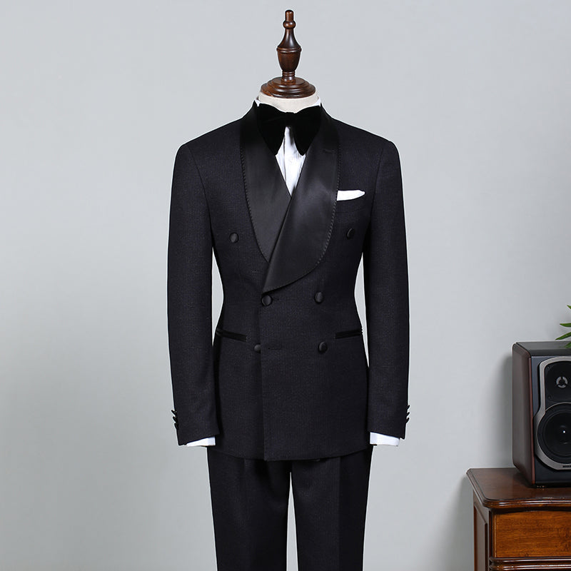 Solomon Stylish All-Black Double-Breasted Bespoke Wedding Suit for Bridegrooms-Wedding Suits-BallBride