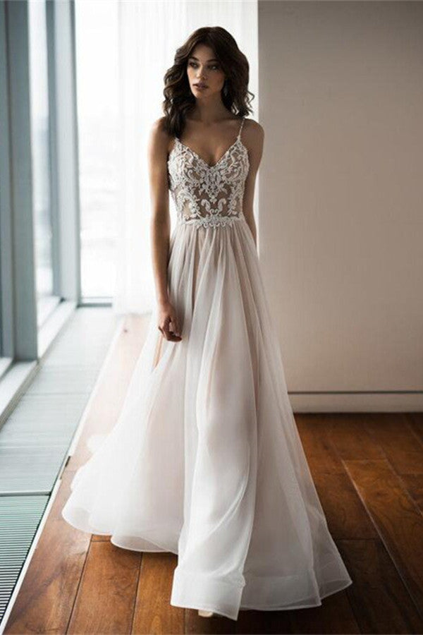 Spaghetti-Straps Lace Appliques Wedding Dress Tulle Beach Bridal Gown-Wedding Dresses-BallBride