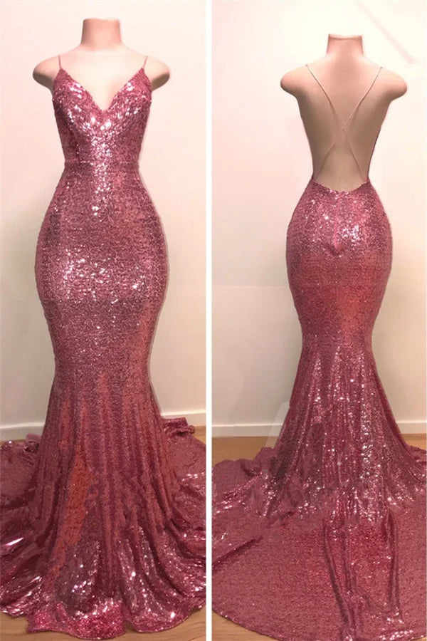 Spaghetti-Straps V-Neck Prom Dress Fit and Flare Stunning Sequins Evening Party Gowns-BallBride