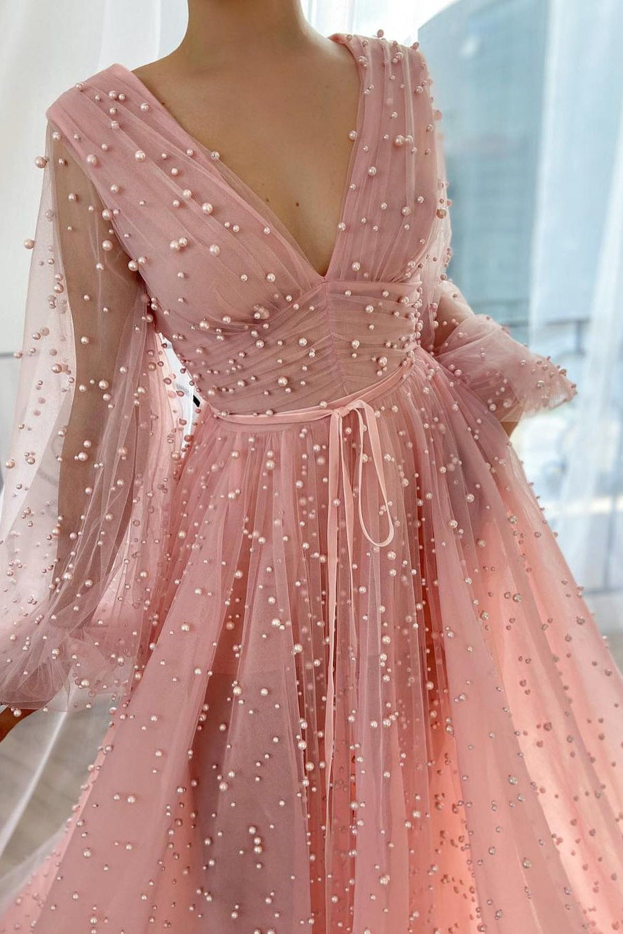 Sparkle in Style with Pink Plunging Neck Evening Dress With Pearl Beaded Tulle-Evening Dresses-BallBride