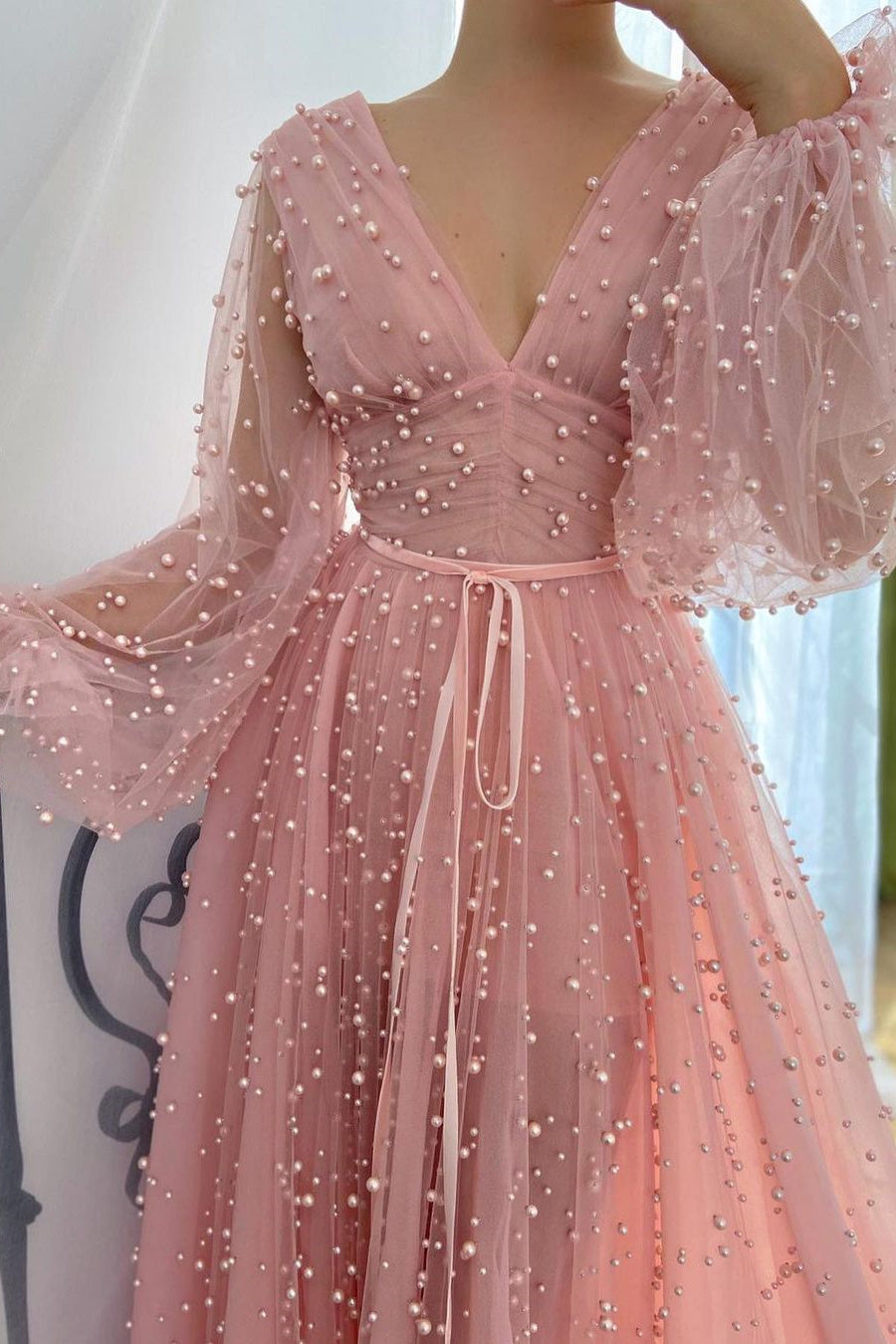 Sparkle in Style with Pink Plunging Neck Evening Dress With Pearl Beaded Tulle-Evening Dresses-BallBride