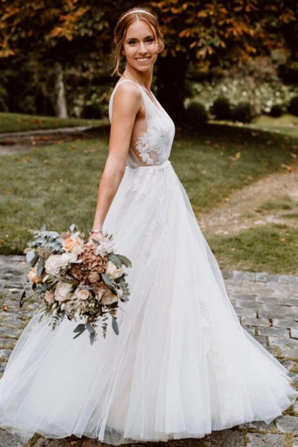 Stunning A-Line Deep V-neck Floral Wedding Dress with Open Back and Tulle Skirt-Wedding Dresses-BallBride