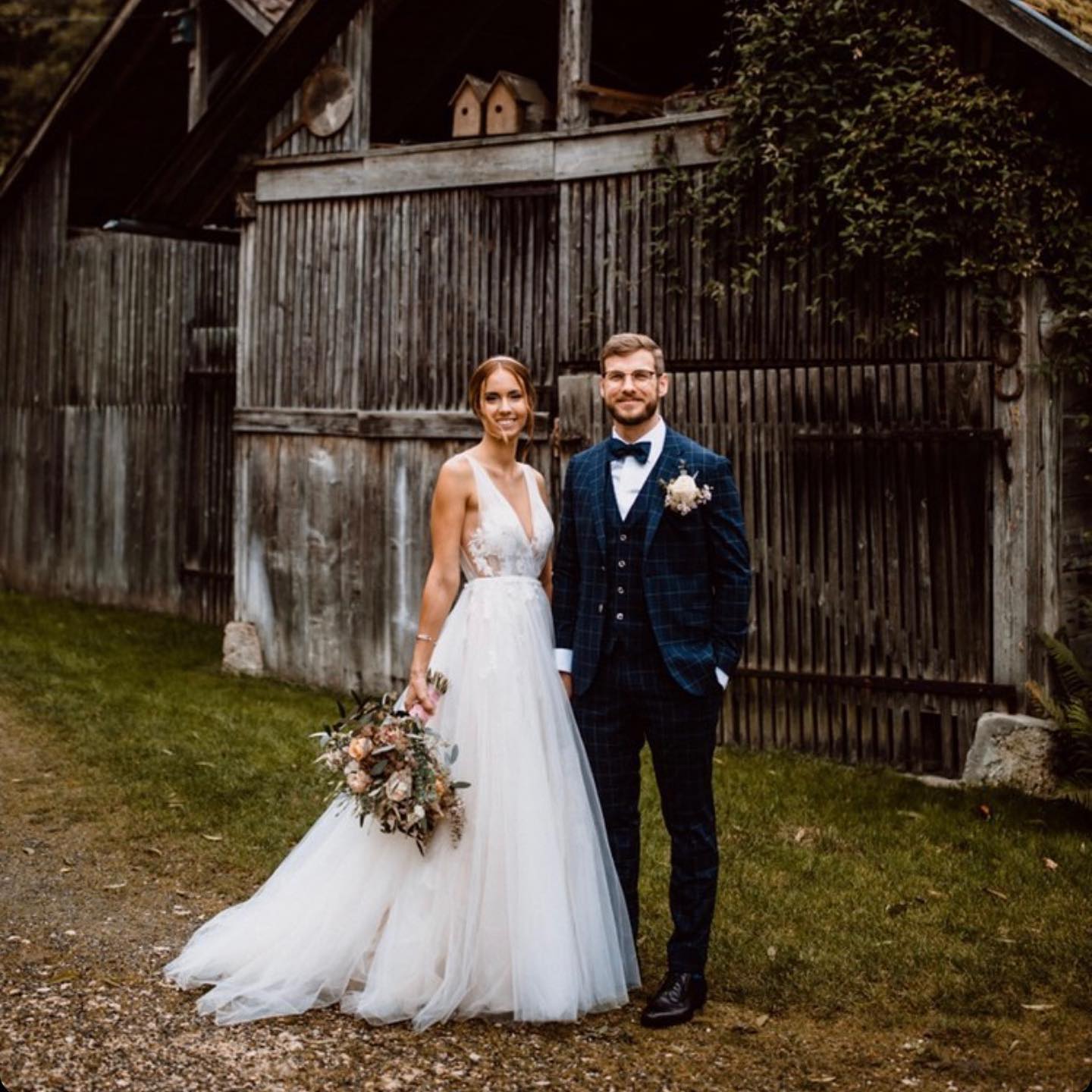 Stunning A-Line Deep V-neck Floral Wedding Dress with Open Back and Tulle Skirt-Wedding Dresses-BallBride