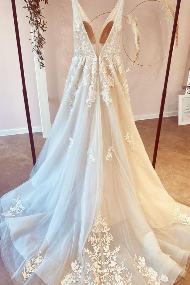 Stunning A-Line Tulle Wedding Dress With Floral Lace Deep V-neck and Floor-length-Wedding Dresses-BallBride