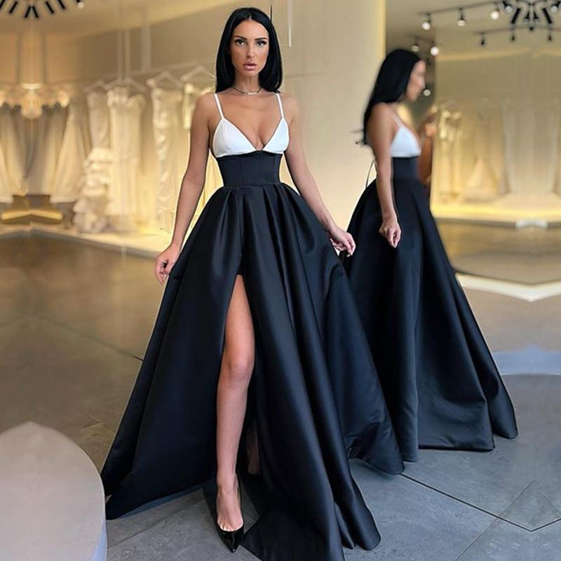 Stunning Black and White Spaghetti-Straps Prom Dress-BallBride