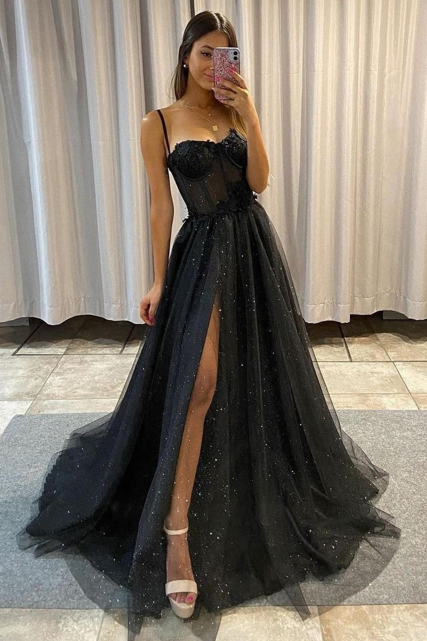 Stunning Black Tulle Prom Dress with Spaghetti Straps and Split-Occasion Dress-BallBride