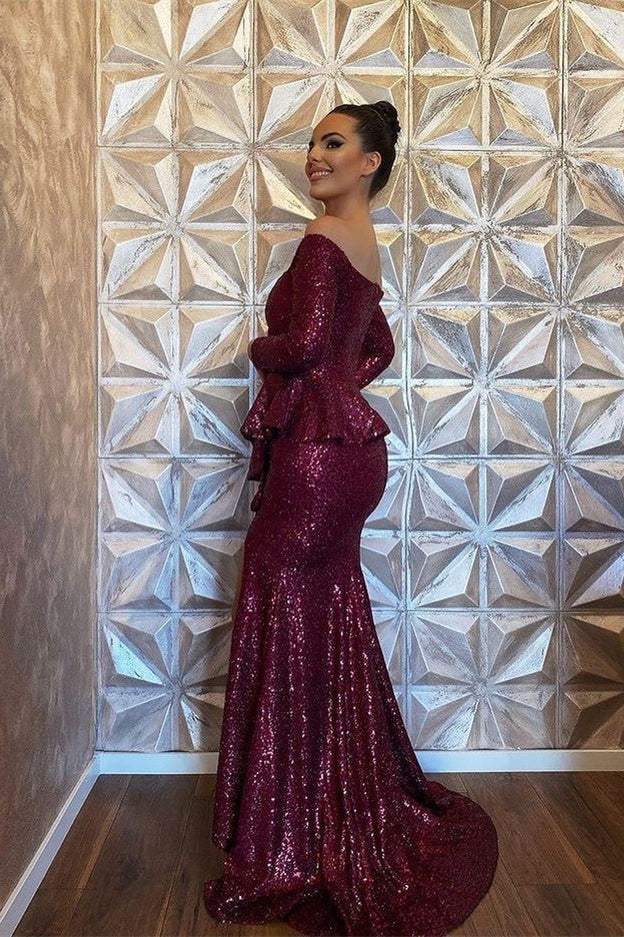 Stunning Burgundy Mermaid Evening Dress With Split and Sequins Long Sleeves-BallBride