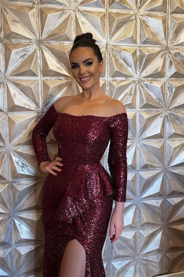 Stunning Burgundy Mermaid Evening Dress With Split and Sequins Long Sleeves-BallBride