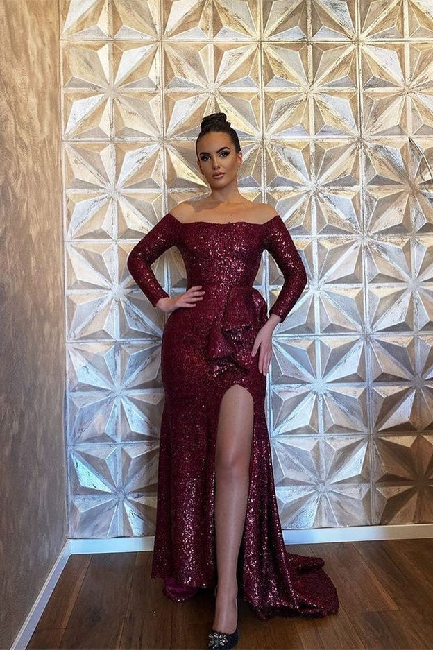 Stunning Burgundy Mermaid Evening Dress With Split and Sequins Long Sleeves-BallBride