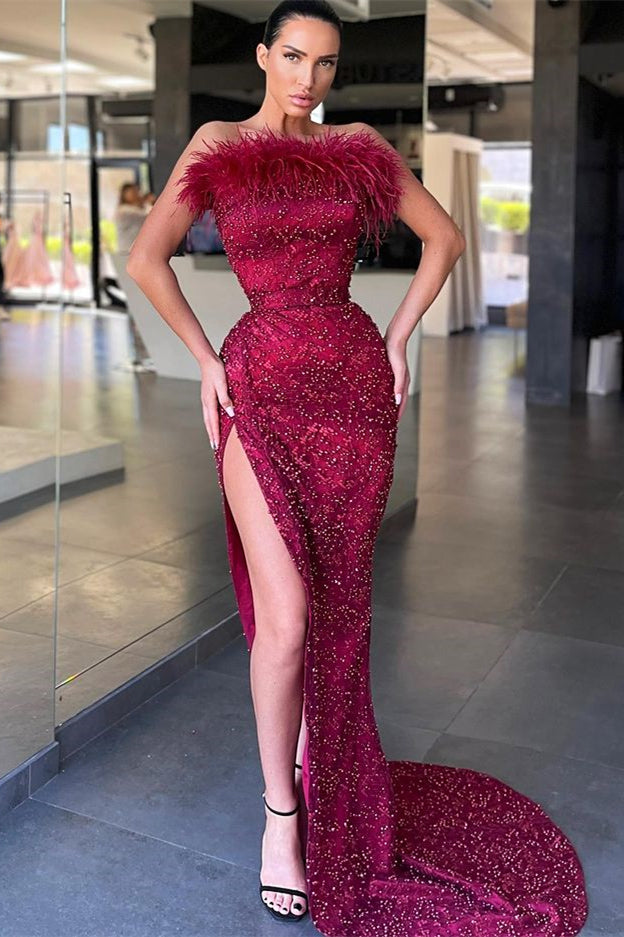 Stunning Burgundy Mermaid Prom Dress With Beads and Feathers-Occasion Dress-BallBride