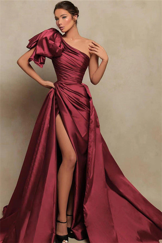 Stunning Burgundy One-Shoulder Mermaid Prom Dress with Slit-BallBride