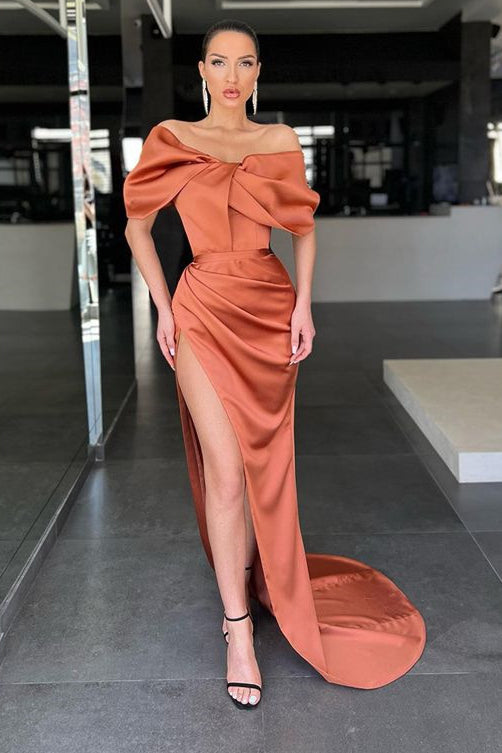 Stunning Burnt Orange Mermaid Evening Dress with Slit and Off-the-Shoulder Design-Occasion Dress-BallBride