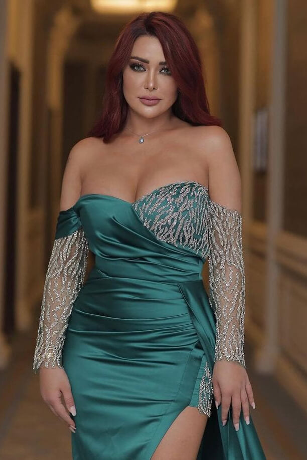 Stunning Emerald Green Off-the-Shoulder Evening Gown with Long Sleeves and Mermaid Slit-Occasion Dress-BallBride