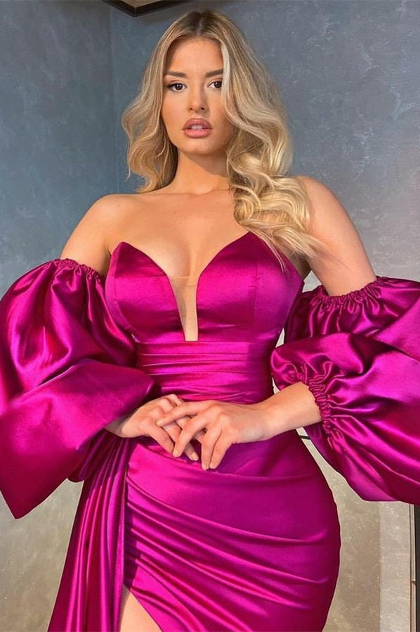 Stunning Fuchsia Mermaid Long Prom Dress with Slit and Ruffles Detachable Sleeves-Occasion Dress-BallBride