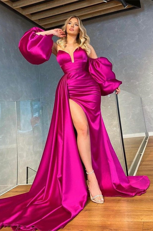 Stunning Fuchsia Mermaid Long Prom Dress with Slit and Ruffles Detachable Sleeves-Occasion Dress-BallBride