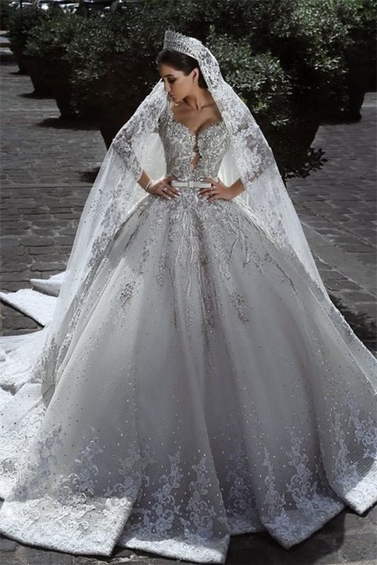 Stunning Long Sleeves Ball Gown Wedding Dress With Beads Lace Appliques-Wedding Dresses-BallBride