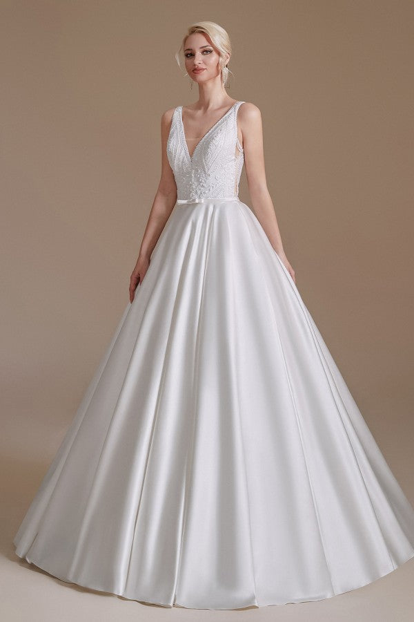 Stunning Long V-Neck Wedding Dress with Lace Appliques-Wedding Dresses-BallBride