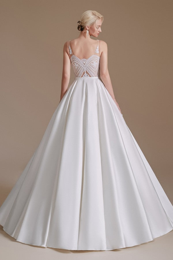 Stunning Long V-Neck Wedding Dress with Lace Appliques-Wedding Dresses-BallBride