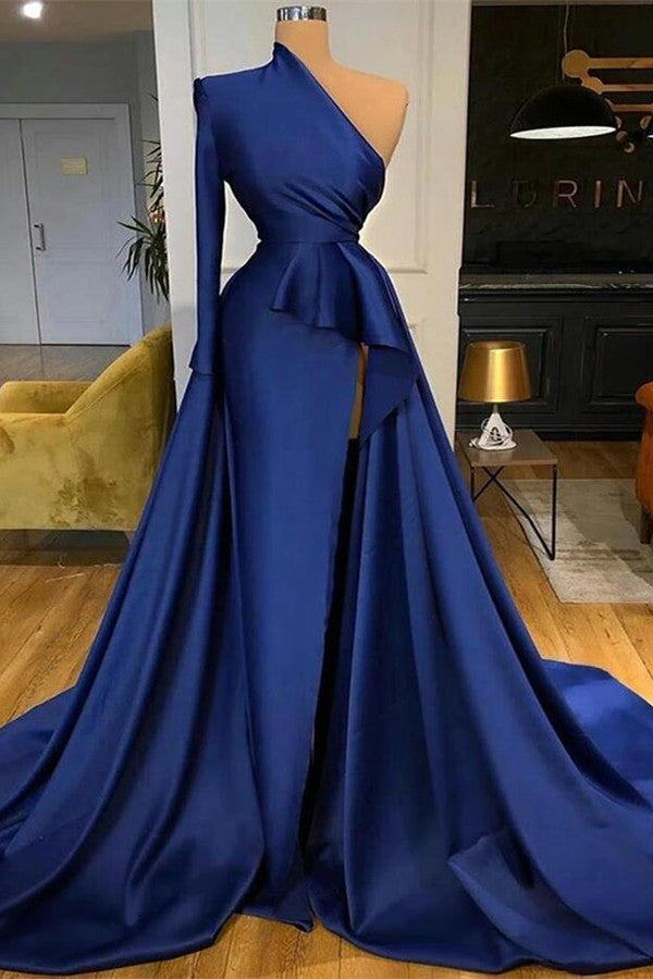 Stunning Mermaid Dark Blue Prom Dress with Long Sleeves and Split-BallBride