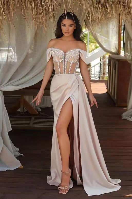 Stunning Off The Shoulder Mermaid Prom Dress With Champagne Ruffles and Beadings-BallBride