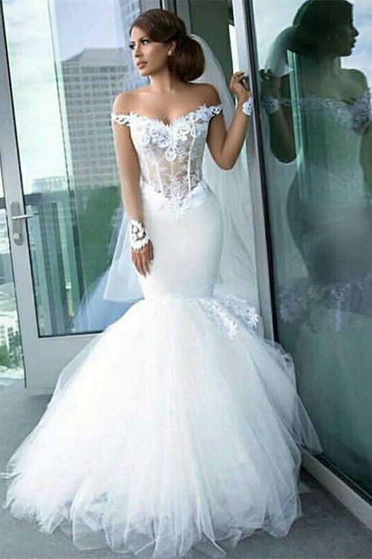 Stunning Off-the-Shoulder Mermaid Tulle Wedding Dress with Lace Appliques-Wedding Dresses-BallBride