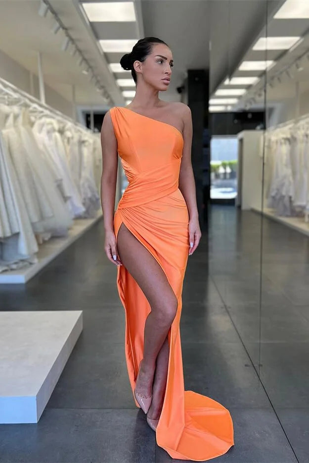 Stunning One Shoulder Orange Mermaid Evening Dress Long With Slit Online-BallBride