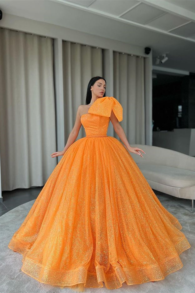Stunning Orange One-Shoulder Ball Gown With Sequins-Evening Dresses-BallBride