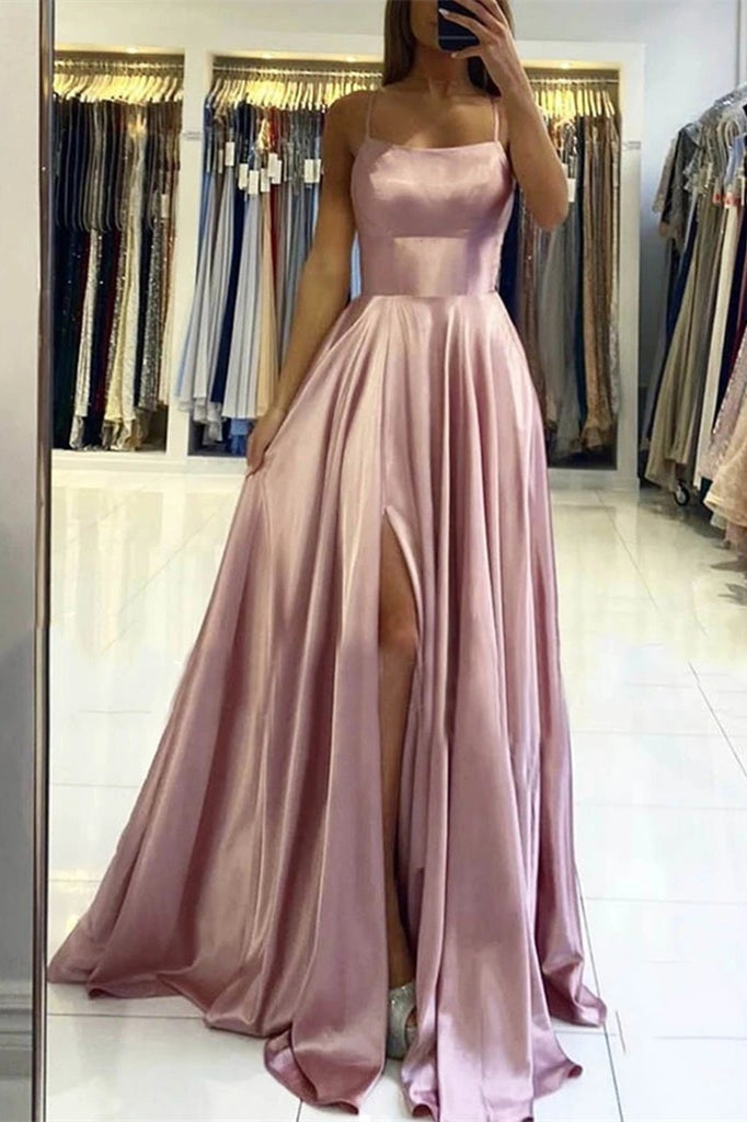 Stunning Pink Prom Dress With Slit Spaghetti-Straps-Prom Dresses-BallBride