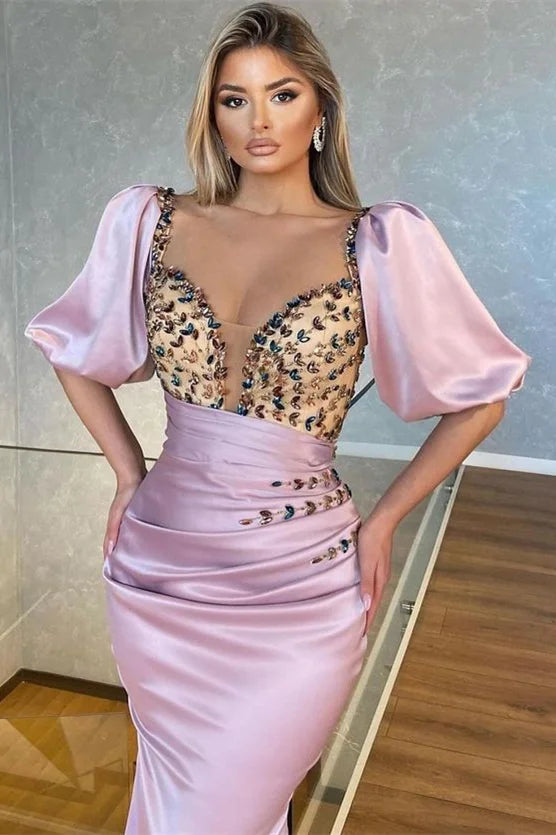 Stunning Pink Sweetheart Bubble Sleeves Evening Party Gowns Mermaid Long With Crystal-BallBride