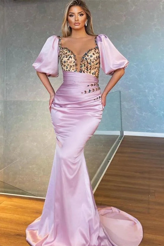 Stunning Pink Sweetheart Bubble Sleeves Evening Party Gowns Mermaid Long With Crystal-BallBride